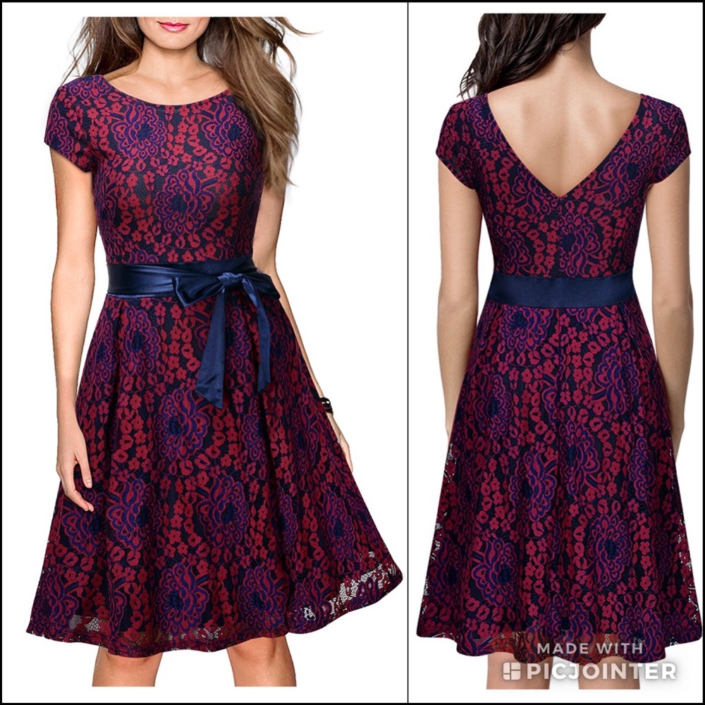 Miusol Red and Blue Floral Lace Dress with Bow